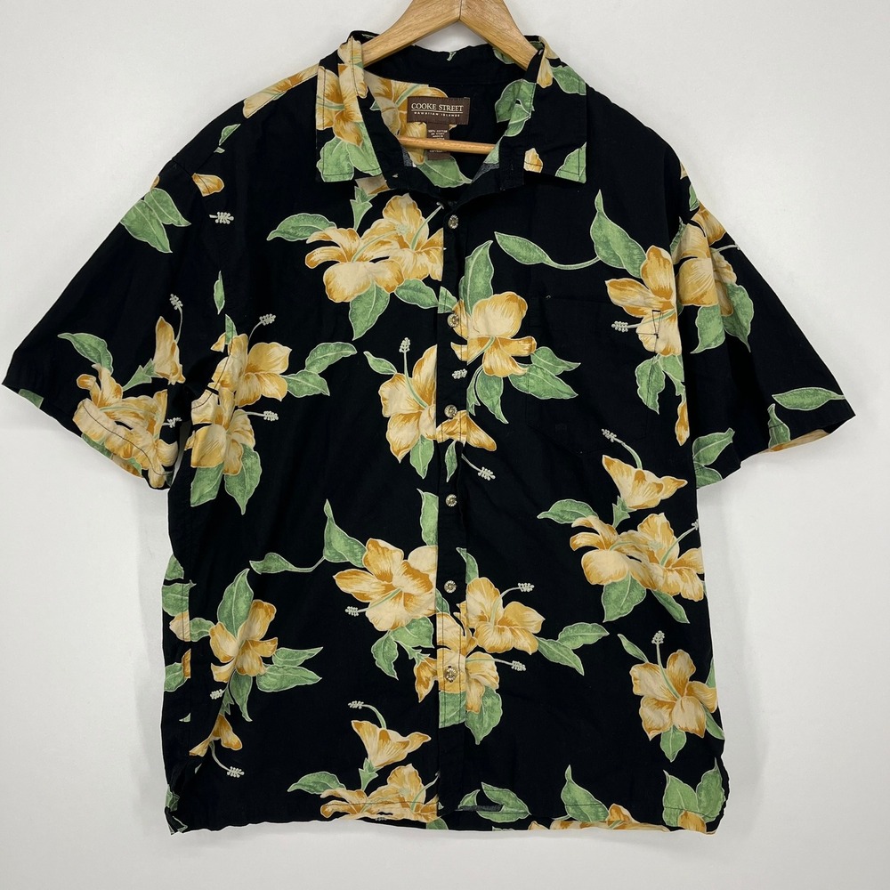 Cooke Street Hawaiian Islands Mens XL Black Yellow Hibiscus Floral Cotton Shirt